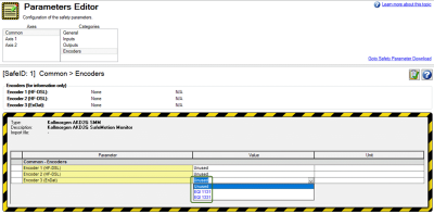 WorkBench Parameters Editor with the Encoder 3 (EndDat) Value column drop down displayed and circled