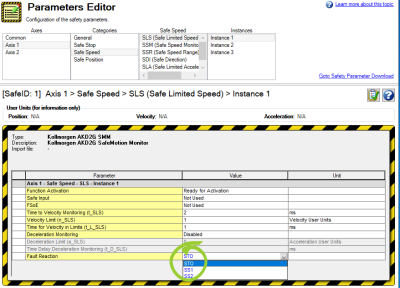 Parameters Editor with the Fault Reaction options showing and circled