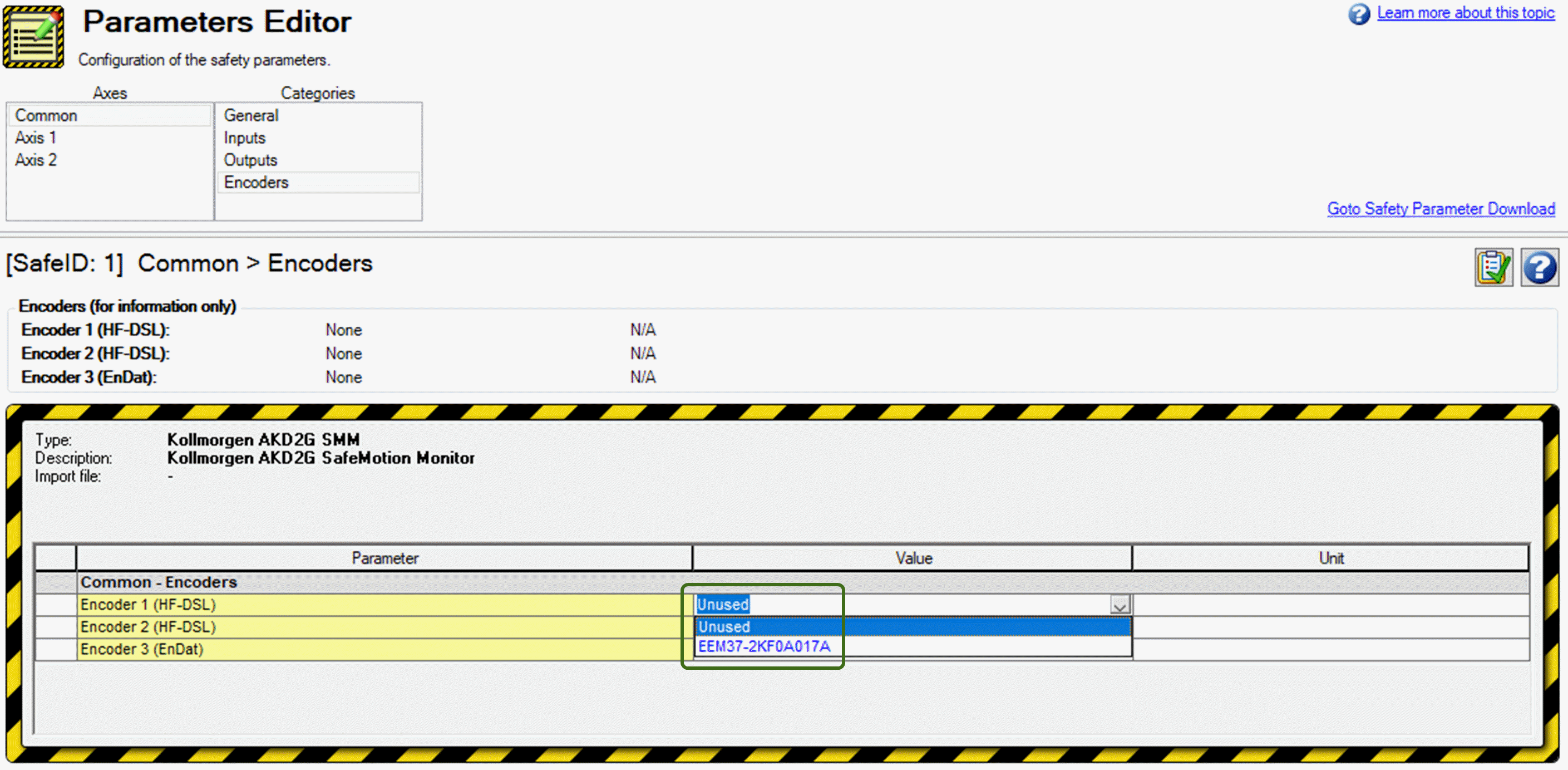 WorkBench Parameters Editor with the Encoder 1 (HF-DSL) Value column displayed and circled