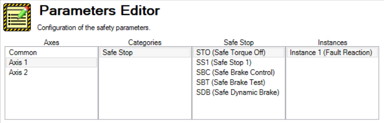 View of the Parameteres Editor with Axis 1 selected along with the first option in all other columns