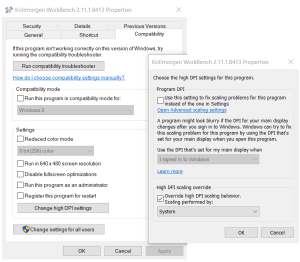 screen captuere of the Properties dialog (left) and Change high DPI Settings dialog (right)