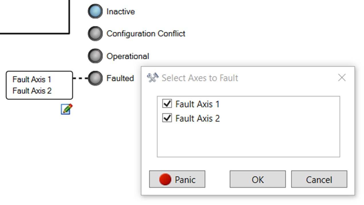 LED indicators with Inactive LED lit and the Select Axes to Fault dialog displaying to the right. This dialog displays after clicking the Fault Axis node to the left of the LEDs.