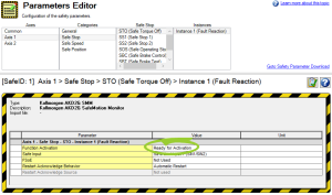 Parameters Editor screen with Restart Acknowledge Behavior circled.